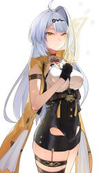 1girl a_maple absurdres ahoge black_gloves black_unitard breasts cowboy_shot fingerless_gloves gloves hair_ornament high-waist_shorts highres holding_ofuda jacket large_breasts long_hair shorts single_hair_intake single_thighhigh thighhighs white_background white_hair yellow_eyes yellow_jacket yin_yang_pin yixuan_(zenless_zone_zero) zenless_zone_zero