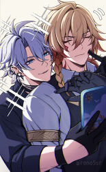 Rule 34 | 2boys, antenna hair, apron, armlet, black apron, black choker, black gloves, black shirt, blonde hair, blue eyes, braid, cellphone, cheek poking, choker, closed eyes, collared shirt, commentary request, earclip, facial tattoo, gloves, gradient hair, hair between eyes, half gloves, head on another&#039;s shoulder, highres, holding, holding phone, honkai: star rail, honkai (series), jewelry, male focus, medium hair, multicolored hair, multiple boys, mydei (delicacies) (honkai: star rail), mydei (honkai: star rail), official alternate costume, parted bangs, phainon (fashion) (honkai: star rail), phainon (honkai: star rail), phone, poking, ponytail, red hair, red tattoo, reno5sr, shirt, short hair, side braid, simple background, smartphone, tattoo, twitter username, white background, white hair, white shirt, yaoi
