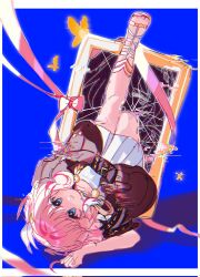 Rule 34 | 1girl, blue background, blue eyes, broken glass, bug, butterfly, coat, commentary request, corrupted twitter file, cyrene (honkai: star rail), dress, glass, highres, honkai: star rail, honkai (series), insect, jewelry, ko (assd 009), korean commentary, legs up, looking at viewer, necklace, pink hair, purple coat, sandals, short hair, smile, solo, toes, upside-down, white dress