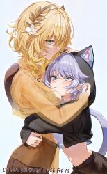 2girls absurdres aged_down aglaea_(honkai:_star_rail) alternate_costume animal_ear_fluff animal_ears animal_hood black_jacket blonde_hair blue_background cat_ears cat_girl cat_hood cat_tail cipher_(honkai:_star_rail) closed_mouth cropped_jacket flower grey_hair hair_flower hair_ornament highres honkai:_star_rail honkai_(series) hood hug imasaki_kei jacket long_sleeves looking_at_another medium_hair multiple_girls navel short_hair simple_background smile stomach tail twitter_username white_flower