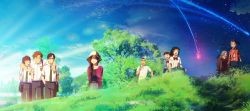 10s 4boys 5girls arms_around_neck arms_behind_back bag belt bicycle bird black_hair black_shirt black_skirt bow braid brown_eyes brown_hair closed_eyes collarbone dress_shirt fujii_tsukasa glasses green_necktie grey_hair grey_skirt grin hands_in_pockets hat highres kimi_no_na_wa. long_hair meteor miyamizu_hitoha miyamizu_mitsuha miyamizu_yotsuha multiple_boys multiple_girls natori_sayaka necktie okudera_miki open_mouth pleated_skirt ponytail red_bow riding running school_bag school_uniform shirt short_sleeves short_twintails skirt sky smile star_(sky) starry_sky striped_necktie striped_neckwear sun_hat sunlight tachibana_taki takagi_shinta teshigawara_katsuhiko twintails white_shirt
