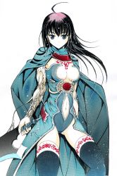 1girl bad_id bad_pixiv_id blue_eyes breasts brown_hair cape female_focus highres moonsorrow navel original solo sword thighhighs traditional_media weapon white_background