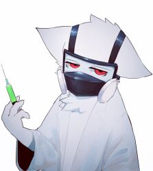 1boy animal_ears bored changed chest_fur dr_k_(changed) droopy_ears furry furry_male highres holding holding_needle imp0ch1 jacket lab_coat naked_lab_coat needle open_clothes open_jacket red_eyes tail upper_body white_background white_fur wolf wolf_ears wolf_tail