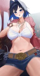 Rule 34 | 1girl, belt, belt buckle, black hair, blue eyes, blue hair, blue nails, blue shorts, blush, bracelet, breasts, brown belt, buckle, cleavage, collarbone, colored inner hair, cosplay, denim, denim shorts, hair intakes, hand on own chest, highres, hololive, hololive english, jewelry, kwon eun-bi, kwon eun-bi (cosplay), lips, multicolored hair, navel, necklace, open clothes, open mouth, open shirt, ouro kronii, plaid clothes, plaid shirt, raeis, real life, red shirt, shirt, short hair, shorts, solo, stomach, virtual youtuber