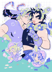 2boys :d absurdres animal_ears animal_hands bare_shoulders battle_tendency black_hair black_shirt blue_eyes blush caesar_anthonio_zeppeli chibi chibi_inset crop_top drawn_flower drop_shadow easter easter_egg egg facial_mark fake_animal_ears flower gloves gogeyama green_eyes green_hair green_shorts grid_background hair_between_eyes hair_ornament headband heart heart_in_mouth highres jojo_no_kimyou_na_bouken joseph_joestar male_focus messy_hair midriff multicolored_scarf multiple_boys muscular muscular_male navel one_eye_closed open_mouth outline paw_gloves purple_shirt rabbit_ears scarf shirt short_hair shorts smile striped_clothes striped_scarf tight_top white_outline yaoi