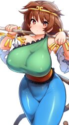 Rule 34 | 1girl, breasts, circlet, dress, gold circlet, green dress, highres, large breasts, low twintails, monkey girl, monkey tail, peso (cheese company), ruyi jingu bang, single-shoulder dress, solo, son biten, tail, touhou, twintails