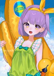 1girl absurdres banana_boat bare_shoulders blush breasts fate/grand_order fate_(series) green_one-piece_swimsuit hairband highres kazuradrop_(fate) kazuradrop_(second_ascension)_(fate) looking_at_viewer one-piece_swimsuit open_mouth purple_eyes purple_hair rubber_duck siho_is_alien small_breasts smile solo swimsuit yellow_hairband