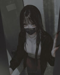 1girl aoi_ogata artist_name black_hair black_jacket black_nails breasts brown_skirt clip_studio_paint_(medium) commentary creepy english_commentary fingernails hand_up highres jacket long_fingernails long_hair long_sleeves looking_at_viewer mask medium_breasts momo_(creepypasta) mouth_mask open_clothes open_door open_jacket original sharp_fingernails shirt skirt solo surgical_mask very_long_hair white_shirt wide-eyed