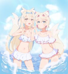 2girls absurdres alternate_costume animal_ear_fluff animal_ears bandaid bandaid_hair_ornament bare_shoulders bikini bikini_skirt blonde_hair blue_eyes blue_hair blue_nails blue_sky breasts cleavage closed_mouth cloud collarbone dog_ears dog_girl dog_tail frilled_bikini frilled_bikini_top frills fuwawa_abyssgard hair_between_eyes hair_ornament hairclip highres hololive hololive_english horn_hairband large_breasts long_hair mococo_abyssgard multiple_girls navel open_mouth parallel_hairclips pink_eyes pink_hair pink_nails pulsar_d39 short_hair siblings sisters sky small_breasts stomach swimsuit tail twins virtual_youtuber white_bikini x_hair_ornament