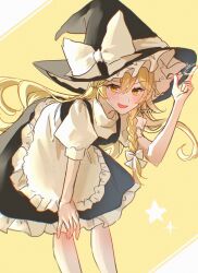 1girl absurdres annin_cha apron black_hat black_skirt black_vest blonde_hair bow braid frilled_hat frilled_skirt frills hair_between_eyes hand_on_own_knee hat hat_bow highres kirisame_marisa leaning_forward long_hair looking_at_viewer open_mouth puffy_short_sleeves puffy_sleeves shirt short_sleeves side_braid single_braid skirt solo touhou vest waist_apron white_apron white_bow white_shirt witch_hat yellow_background yellow_eyes