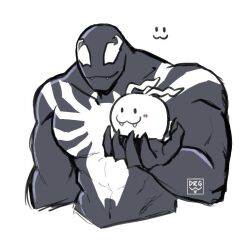 1boy :3 black_skin closed_mouth colored_skin crossover digimon digimon_(creature) fangs marvel multicolored_skin simple_background slayer_dramonz spider-man_(series) tokomon two-tone_skin upper_body venom_(marvel) white_background white_skin