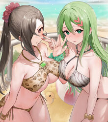2girls animal_print armpit_crease ball bare_arms bare_shoulders beach beachball bikini black_hair blush breast_press breasts brown_bikini character_request cleavage collarbone copyright_request criss-cross_halter day dot_nose green_eyes green_hair hair_between_eyes hair_ornament hair_over_one_eye hair_scrunchie halterneck haru_(nakajou-28) large_breasts leopard_print light_blush long_hair looking_at_viewer multiple_girls navel o-ring o-ring_bikini ocean outdoors parted_lips ponytail scrunchie swimsuit symmetrical_docking underboob