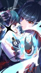 1girl absurdres animal_ear_fluff animal_ears black_hair blunt_bangs eyeball fox_ears fox_girl highres holding holding_sword holding_weapon hoshimi_miyabi katana long_hair looking_at_viewer na_hoon-a red_eyes sword tailless_(zenless_zone_zero) weapon zenless_zone_zero