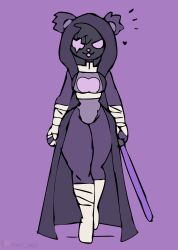 1girl :3 animal_ears bandaged_hand bandages bear_ears bear_girl bodysuit boots breasts cloak crossover energy_sword epic_games fortnite heart heart_print holding holding_sword holding_weapon hood hood_up hooded_cloak large_breasts lightsaber looking_at_viewer may_the_4th open_mouth print_bodysuit purple_background purple_bodysuit purple_cloak purple_eyes purple_fur raven_team_leader scar scar_across_eye scar_on_face sith sketch smile star_wars sword thick_thighs thighs tony_welt walking weapon white_boots wide_hips
