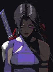 1girl bare_shoulders black_hair breasts gloves highleg highleg_leotard highres large_breasts leotard long_hair looking_at_viewer marvel marvel_rivals neozumi psylocke psylocke_(vengeance) purple_eyes solo superhero_costume sword weapon x-men