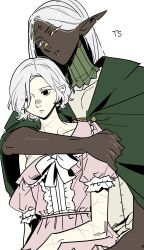 1boy 1girl absurdres bags_under_eyes black_eyes breasts cithis cloak dark-skinned_male dark_elf dark_skin dress dungeon_meshi elf facial_mark forehead_mark genderswap genderswap_(ftm) genderswap_(mtf) gorget green_cloak grey_hair highres hood hooded_cloak hug hug_from_behind lazy_eye long_hair mithrun multiple_scars notched_ear oejikim partially_undressed pink_dress pointy_ears scar short_hair simple_background small_breasts uneven_eyes upper_body wavy_hair white_background yellow_eyes