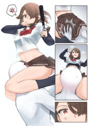alice_gunlock ass blush fav_faris gun highres holding holding_gun holding_weapon midriff original panties panty_peek school_uniform scissorhold sitting sitting_on_person skirt thighs underwear weapon