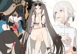 1boy 2girls akinashi_yuu anger_vein angry bare_legs bare_shoulders bikini black_hair blue_eyes breasts brown_hair commentary commentary_request fate/grand_order fate_(series) long_hair looking_to_the_side medium_breasts medium_hair multiple_girls navel out_of_frame prince_of_lan_ling_(fate) servant_summer_camp! sidelocks swimsuit twintails type-moon upper_body very_long_hair white_hair xu_fu_(fate) yu_mei-ren_(fate) yu_mei-ren_(swimsuit_lancer)_(fate)
