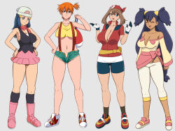 4girls adapted_costume asymmetrical_hair bandana bare_legs baseball_cap beanie bike_shorts blue_eyes blue_hair blush boots breasts brown_hair cleavage cowboy_shot curvy dawn_(pokemon) denim denim_shorts glamour_works gloves green_eyes green_hair gym_leader hair_ornament hat hetero highres iris_(pokemon) large_breasts legs legs_together lento lento_(glamour_works) long_hair looking_at_viewer may_(pokemon) miniskirt misty_(pokemon) multiple_girls navel nintendo nipples open_mouth orange_hair pants pink_footwear pokemon pokemon_(anime) pokemon_(classic_anime) pokemon_bw_(anime) pokemon_dppt_(anime) pokemon_rse_(anime) ponytail red_hair red_scarf scarf shirt shoes short_hair short_shorts shorts side_ponytail simple_background skirt sleeveless smile sneakers socks standing suspenders tank_top thick_thighs thighs underboob underwear unzipped wide_hips yellow_shirt yellow_tank_top