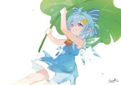 Rule 34 | 1girl, blue bow, blue dress, blue eyes, blue hair, bow, cirno, dress, flower, grin, hair bow, hair flower, hair ornament, highres, leaf umbrella, simple background, siyumu, sleeveless, sleeveless dress, smile, solo, striped bow, tanned cirno, touhou, white background