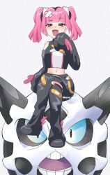 Rule 34 | 1girl, adversarial noise, bandaid, bandaid hair ornament, black hair, blunt bangs, coral (pokemon), fang, gen 3 pokemon, glalie, hair ornament, highres, kame san, long sleeves, midriff, multicolored hair, navel, nintendo, open mouth, pink hair, pokemon, pokemon (anime), pokemon (creature), pokemon horizons, sitting, sitting on pokemon, skin fang, sleeves past fingers, sleeves past wrists, twintails, twitter username, two-tone hair