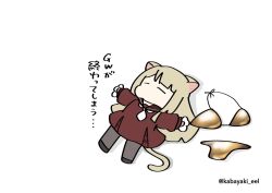 Rule 34 | 1girl, = =, animal ears, animal hands, assault lily, bikini, black shoes, blonde hair, blunt bangs, blunt ends, brown pantyhose, brown sailor collar, cat ears, cat girl, cat paws, cat tail, chibi, closed eyes, full body, gold bikini, golden week, hands up, highres, kabayaki (kabayaki eel), kanba girls high school uniform, kemonomimi mode, long hair, long sleeves, lying, miniskirt, miyagawa takane, necktie, no mouth, on back, outstretched arms, pantyhose, red shirt, red skirt, sailor collar, school uniform, serafuku, shadow, shirt, shoes, short necktie, simple background, skirt, solo, swimsuit, tail, translated, twitter username, unworn bikini, unworn bikini bottom, unworn bikini top, white background, white necktie