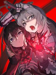 2girls animal_ear_fluff animal_ear_piercing animal_ears armored_gloves ayataka_syumimi black_gloves blue_eyes brown_hair commentary girls_band_cry gloves grey_eyes hair_between_eyes highres holding holding_sword holding_weapon iseri_nina kawaragi_momoka kemonomimi_mode long_hair low_twintails magic multicolored_hair multiple_girls official_alternate_costume open_mouth red_background red_brooch roots_(hair) short_hair short_twintails slit_pupils sword twintails weapon wolf_ears