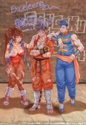 1girl 2boys bandaged_hand blue_hair breakers breasts brick_wall brown_eyes brown_hair bruise bruise_on_face camel covering_breasts covering_privates dougi exceleena graffiti green_eyes headband highres injury karate_gi leg_armor leg_warmers leotard long_hair multiple_boys one_breast_out pantyhose ponytail sengoku-kun shoes slippers tia_langray torn_clothes vest wrist_wrap