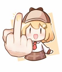 Rule 34 | 1girl, :d, blonde hair, bob cut, brown eyes, brown hat, brown skirt, chibi, collared shirt, commentary, hair ornament, hat, highres, hololive, hololive english, light blush, long sleeves, looking at viewer, middle finger, monocle, moon ldl, necktie, open mouth, pleated skirt, red necktie, shirt, simple background, skirt, smile, smol ame, solid oval eyes, solo, two-tone background, upper body, virtual youtuber, watson amelia, white background, white shirt, white sleeves