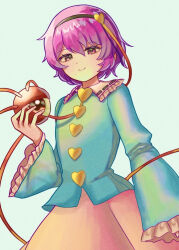 1girl arm_at_side blue_shirt buttons chamusuke_(nesicoso_suke) closed_mouth commentary_request cowboy_shot eyeball fingernails flat_chest frilled_shirt_collar frills from_below grey_background hair_between_eyes hair_ornament hairband hand_up heart heart_button heart_hair_ornament komeiji_satori long_sleeves looking_at_viewer pink_eyes pink_skirt purple_hair shirt short_hair simple_background skirt smile solo third_eye touhou wide_sleeves