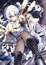 1boy 1girl absurdres black_boots black_dress black_hat black_thighhighs boots doll_joints dress hat highres joints lloyd_(granblue_fantasy) long_hair looking_at_viewer mini_hat ninomiya_yusa orchis reaching reaching_towards_viewer red_eyes shadowverse thighhighs twintails white_hair