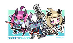 3girls absurdres ahoge arm_up bikini black_shirt black_shorts black_wings blue_cloak blue_eyes bow_(weapon) breasts chibi cloak colored_skin dress elbow_gloves gloves green_eyes grey_skin highres holding holding_bow_(weapon) holding_sword holding_weapon hood hood_down hooded_cloak horns light_brown_hair multiple_girls pink_hair pointy_ears purple_eyes purple_skin red_wings saru shirt shorts skirt small_breasts standing subterror_fiendess subterror_guru subterror_nemesis_archer swimsuit sword tail twitter_username weapon white_bikini white_dress white_gloves white_hair white_skirt wings yu-gi-oh!