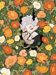 animalization black_horns black_pants cat chibi closed_eyes closed_mouth dragon_horns flower gfmldjszt horns hug leaf love_and_deepspace pants parted_bangs person_and_animalization pink_flower protagonist_(love_and_deepspace) shirt shoes short_hair sleeping sylus_(abyssal_sovereign)_(love_and_deepspace) sylus_(love_and_deepspace) white_flower white_hair yellow_flower