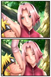 1boy 1girl armpits arms_behind_head arms_up black_headband blonde_hair blush breasts cleavage clothed_female_nude_male ebonwagon elbow_pads forehead_protector green_eyes grope groping haruno_sakura headband hetero jacket jewelry licking licking_armpit lips lipstick makeup medium_hair naruto naruto_(series) naruto_shippuuden necklace necroxxx nude one_eye_closed orange_eyes pink_hair pink_lips red_headband shirt sitting sleeveless sleeveless_shirt small_breasts spiked_hair sweat sweatdrop tongue tongue_out uzumaki_naruto