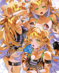 Rule 34 | 1girl, @ @, animal ears, animal print, armlet, ass, bracelet, breasts, choppy bangs, cleavage, collarbone, commentary request, fang, food, green eyes, hand in own hair, highres, holding, holding food, holding ice cream, ice cream, indol, jewelry, ju fufu, looking at viewer, multiple views, o-ring, o-ring thigh strap, open mouth, skin fang, swimsuit, thigh strap, tiger ears, tiger print, translation request, zenless zone zero