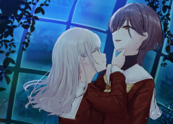 2girls brown_dress ceras_yanagida_lilienfeld closed_mouth commentary_request dress edel_note eye_contact grey_hair hair_ornament hair_ribbon hajime_ujita hand_on_another&#039;s_chin hasu_no_sora_school_uniform in-universe_location indoors katsuragi_izumi link!_like!_love_live! long_hair long_sleeves looking_at_another love_live! multiple_girls neckerchief night observatory open_mouth orange_eyes pink_ribbon profile ribbon sailor_collar sailor_dress school_uniform sidelocks smile triangle_hair_ornament turtleneck upper_body virtual_youtuber white_hair white_sailor_collar wolf_cut yellow_neckerchief yuri