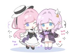 &gt;_o 2girls black_shoes blue_eyes chibi chibi_only chinese_commentary coat color_connection commentary_request company_connection cyrene_(honkai:_star_rail) dress elf elysia_(honkai_impact) elysia_(sweet_memories)_(honkai_impact) hair_color_connection hat highres honkai:_star_rail honkai_(series) honkai_impact_3rd inoue_marina long_hair medium_hair multiple_girls official_alternate_costume one_eye_closed pink_hair pointy_ears purple_coat purple_shoes shoes simple_background voice_actor_connection white_background white_dress white_hat yanning yjmgxm