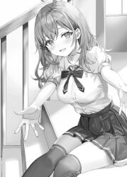1girl ahoge blush breasts buttons collarbone collared_shirt commentary_request crossed_bangs dress_shirt feet_out_of_frame flower greyscale hair_between_eyes hair_flower hair_ornament hair_over_shoulder hairpin happy head_tilt highres indoors knees_together_feet_apart large_breasts long_hair looking_at_viewer loose_neck_ribbon mariya_mikhailovna_kujou momoko_(momopoco) monochrome neck_ribbon novel_illustration official_art open_mouth outstretched_arms pleated_skirt puffy_short_sleeves puffy_sleeves reaching reaching_towards_viewer ribbon school_uniform shirt shirt_tucked_in short_sleeves sitting sitting_on_stairs skirt solo stairs swept_bangs teaching thighhighs tokidoki_bosotto_roshia-go_de_dereru_tonari_no_alya-san window
