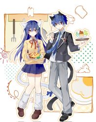 Rule 34 | 1boy, 1girl, animal ears, black shoes, blue hair, blue necktie, blue skirt, brown eyes, brown shoes, cardigan, cat ears, cat tail, collared shirt, date a live, food, full body, genderswap, genderswap (mtf), hair ornament, highres, itsuka shido, itsuka shiori, jacket, light smile, long hair, long sleeves, looking at viewer, neck ribbon, necktie, omelet, omurice, pants, pen tzbzm, pleated skirt, raizen high school uniform, ribbon, school uniform, shirt, shoes, short hair, skirt, tail, white shirt