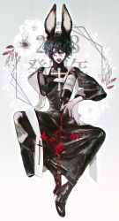 1boy 2023 alcohol animal_ears black_boots black_eyes black_hair boots bottle chinese_zodiac commentary_request cork duckchuni hair_between_eyes highres kemonomimi_mode korean_commentary long_sleeves looking_at_viewer male_focus open_mouth pouring rabbit_boy rabbit_ears saibou_shinkyoku short_hair solo stole turtleneck utsugi_noriyuki wide_sleeves wine wine_bottle year_of_the_rabbit