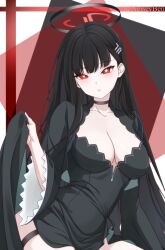 Rule 34 | 1girl, black dress, black hair, blue archive, blush, bnelsey, breasts, cleavage, commentary, cosplay, dress, english commentary, hair ornament, hairclip, halo, large breasts, long hair, looking at viewer, parted lips, red eyes, ringed eyes, rio (blue archive), shiroko (blue archive), shiroko terror (blue archive), shiroko terror (blue archive) (cosplay), sitting, solo, very long hair
