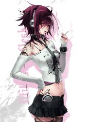 1girl 666rottenflesh absurdres black_nails black_necktie black_skirt bracelet brown_eyes cigarette collar digital_media_player g-string hair_between_eyes hand_on_own_hip headphones highres hip_tattoo holding holding_cigarette jewelry lipstick long_sleeves looking_at_viewer makeup medium_hair mole mole_under_eye navel navel_piercing necktie o-ring_collar original piercing pink_hair pursed_lips shirt shoulder_tattoo skirt smoking solo spiked_bracelet spiked_collar spikes star_tattoo striped_necktie tattoo thighhighs thong torn_clothes torn_thighhighs white_shirt