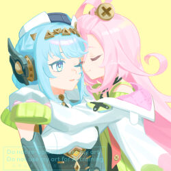 Rule 34 | 2girls, 39 iduki, aino (genshin impact), artist name, bangs pinned back, black choker, blue eyes, blue hair, blue hat, choker, closed eyes, closed mouth, coat, colored eyelashes, commentary request, criss-cross halter, cyborg, dress, genshin impact, green background, green dress, hair bun, hairband, halterneck, hat, highres, hug, ineffa (genshin impact), lab coat, long hair, long sleeves, multiple girls, off shoulder, one eye closed, open clothes, open coat, open mouth, pink hair, screw hair ornament, sidelocks, simple background, sleeves past fingers, sleeves past wrists, smile, upper body, very long hair, watermark, white coat