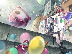 Rule 34 | 1girl, balloon, balloon animal, balloon party, beret, black boots, black bow, black bowtie, black hat, black skirt, boots, bow, bowtie, braid, carbuncle (reverse:1999), closed mouth, creature, facial mark, forehead mark, freckles, from below, full body, graffiti, grey eyes, grey sky, grey socks, hat, highres, house, long hair, looking at viewer, low twin braids, luojia ying, miniskirt, overall skirt, overcast, pinata, puffy short sleeves, puffy sleeves, reverse:1999, shirt, short sleeves, sitting, skirt, sky, smile, socks, solo, sunlight, turning head, twin braids, white hair, white shirt, wide shot