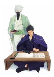 Rule 34 | 2boys, black hair, full body, grey hair, hatake kakashi, highres, holding, japanese clothes, kimono, long sleeves, male focus, mask, mi lu zaosheng, mouth mask, multiple boys, naruto (series), naruto shippuuden, scar, scar on face, short hair, uchiha obito, wide sleeves