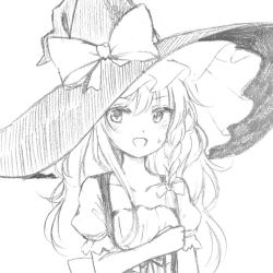 1girl :d blush braid collarbone commentary dirndl dress female_focus german_clothes greyscale hand_on_own_chest hat kirisame_marisa long_hair looking_at_viewer low-cut monochrome open_mouth puffy_short_sleeves puffy_sleeves short_sleeves side_braid single_braid sketch smile solo sweat touhou wavy_hair witch_hat yururi_nano