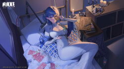 1girl absurdres arcana_(nikke) blue_hair book book_stack bracelet breasts claws commentary cosmetics desk dress english_commentary flower_hairpin goddess_of_victory:_nikke grey_eyes hair_intakes highres indoors jewelry large_breasts long_hair long_sleeves looking_at_viewer lying nail_polish nail_polish_bottle night official_art on_back on_bed ouija smile solo tray turtleneck turtleneck_dress watermark white_dress white_nails
