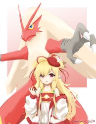 1girl absurdres blaziken blonde_hair creatures_(company) crossover dated detached_sleeves game_freak gen_3_pokemon granblue_fantasy hair_ribbon hand_up hat hat_feather highres holding holding_poke_ball klaius long_hair long_sleeves looking_at_viewer mahira_(granblue_fantasy) nintendo parted_lips pointy_ears poke_ball poke_ball_(basic) pokemon pokemon_(creature) red_eyes red_headwear red_ribbon ribbon standing twitter_username