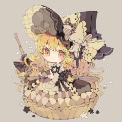 1girl :t adapted_costume apron back_bow bamboo_broom black_vest blonde_hair bow braid broom brown_background brown_eyes buttons checkerboard_cookie chibi chibi_only commentary cookie diagonal-striped_bow double-breasted eating embellished_costume expressionless food frilled_skirt frills full_body hair_ribbon hat highres holding holding_cookie holding_food juliet_sleeves kirisame_marisa long_hair long_sleeves looking_at_viewer multiple_hat_bows nikorashi-ka pie polka_dot polka_dot_bow puffy_sleeves ribbon shirt side_braid simple_background single_braid skirt sleeve_cuffs sleeve_ribbon solo star_(symbol) striped_bow striped_clothes striped_ribbon striped_skirt touhou twitter_username two-sided_fabric two-sided_headwear vertical-striped_clothes vertical-striped_skirt very_long_hair vest white_apron white_bow white_shirt witch_hat