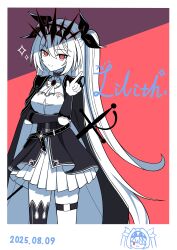 Rule 34 | 1girl, absurdres, alternate costume, arm under breasts, ascot, belt, black belt, black cape, black choker, black dress, black hairband, black thighhighs, border, cape, character name, chest guard, chibi, chibi inset, choker, closed mouth, commentary, crown, dated, dogari, dress, elbow pads, english commentary, groin, hair between eyes, hair ribbon, hairband, hand up, highres, index finger raised, lilith (the noexistencen of you and me), long hair, looking at viewer, mixed-language commentary, polaroid photo, rapier, red background, red eyes, ribbon, single thighhigh, smile, solo, standing, star (symbol), sword, the noexistencen of you and me, thigh strap, thighhighs, thighs, twintails, very long hair, weapon, white ascot, white border, white hair